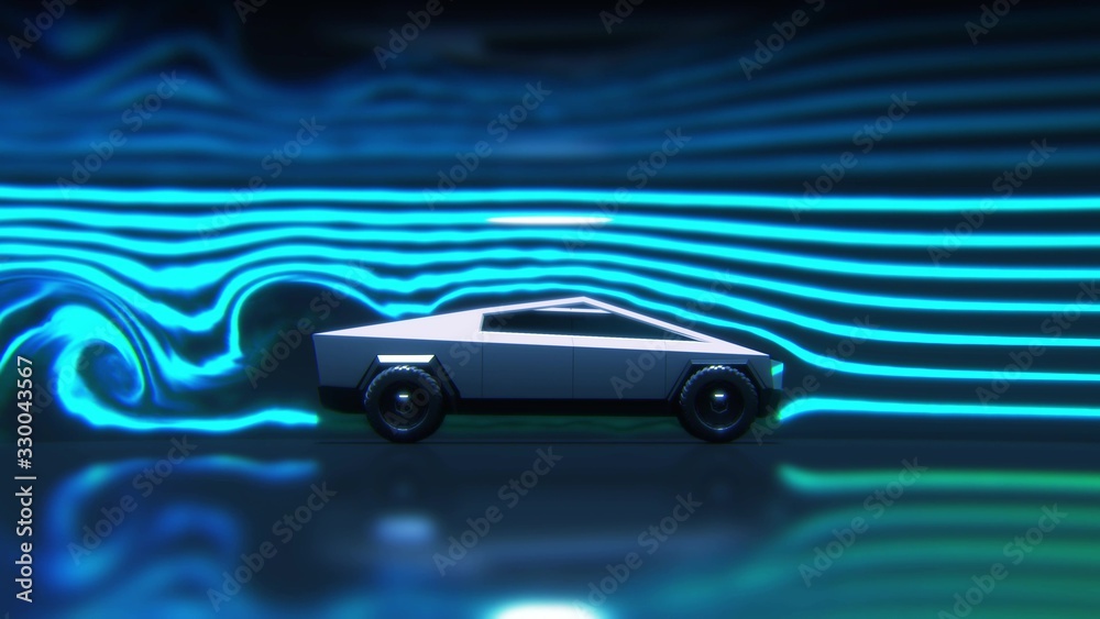 Concept car aerodynamics test in wind tunnel, side view 3d rendering Stock Illustration Adobe