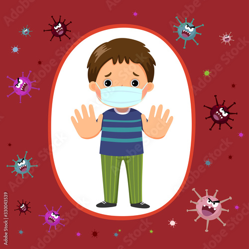 Covid-19 or Coronavirus 2019-nCoV disease prevention concept with a little boy. Kid wearing a face mask for protecting and showing stop hands gesture for stop coronavirus outbreak.