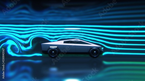 Concept car aerodynamics test in wind tunnel, side view 3d rendering