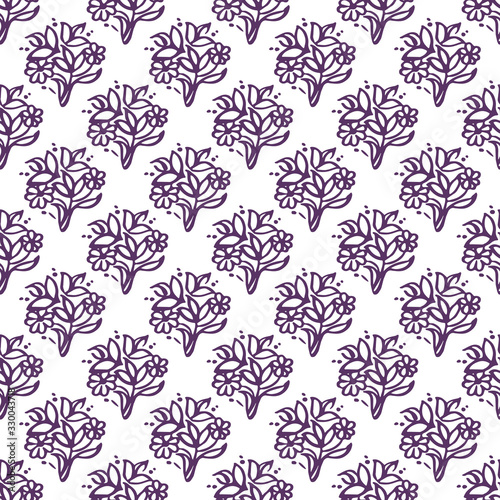 Seamless pattern with hand drawn violet flowers on white background