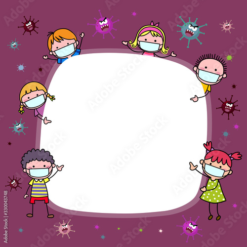 Vector cartoon children wearing protective masks. Covid-19 or Coronavirus 2019-nCoV disease prevention background with cartoon kids.