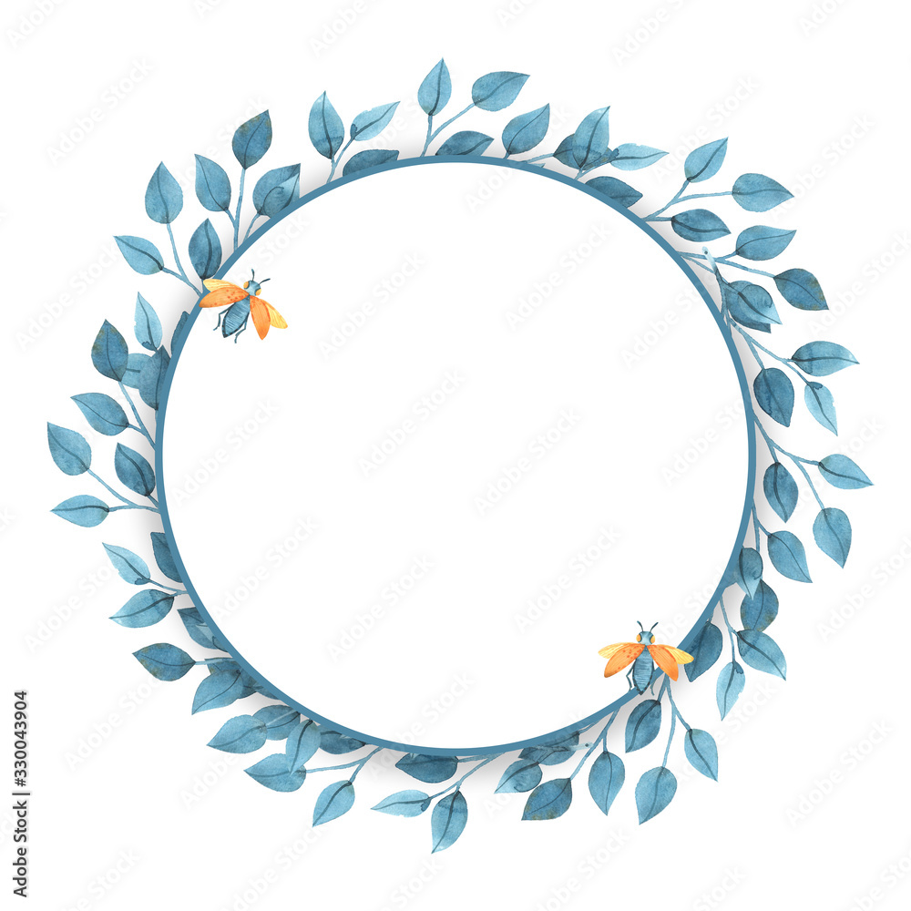 Round background with green leaves, watercolor illustration Round background with green leaves, watercolor illustration