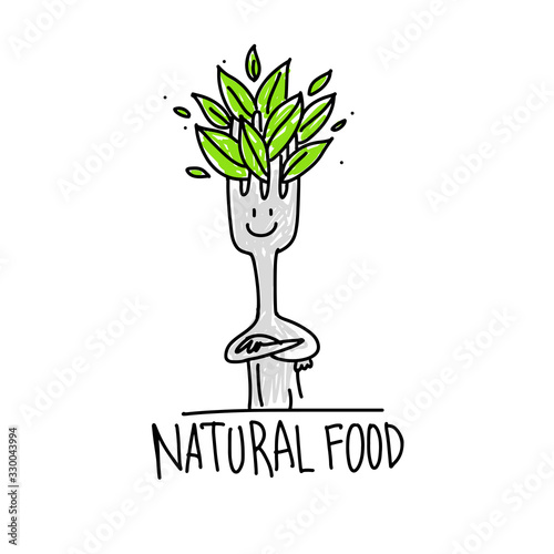 Illustration of a fork with leaves. Natural food