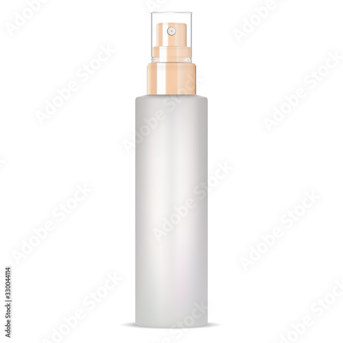 Cosmetic spray mockup. Aerosol container isolated on white background. Realistic pump package blank with shiny cap for perfume product. Glass bottle blank for merchandise presentation