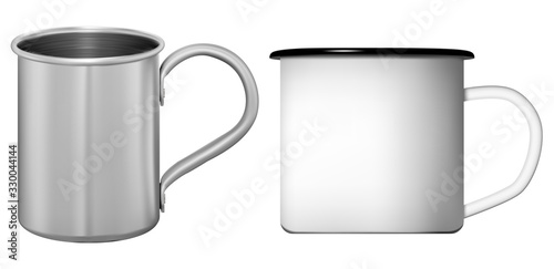Metal cup. White and silver coffee or tea mug set. Stainless steel flask template with retro design. Ceramic teacup mockup with handle, photorealistic 3d illustration. Travel tin for hot drink