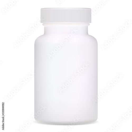 Medical bottle. White plastic supplement package design. Realistic template of pharmacy remedy pill container. Pharmaceutical capsule medicament jar. Prescription drug can