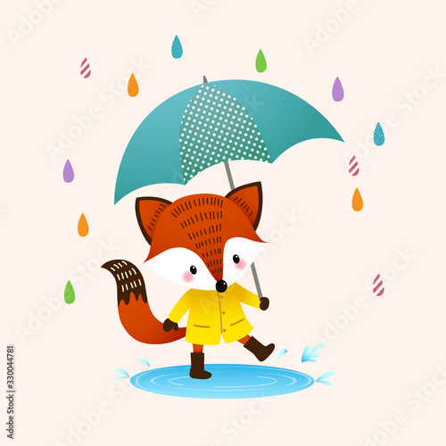 Vector illustration cartoon red fox in brown boots with umbrella splashing in a puddle in rainy day.