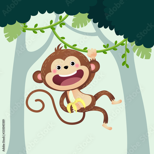 Vector illustration cartoon monkey with a banana hanging from liana in the jungle.