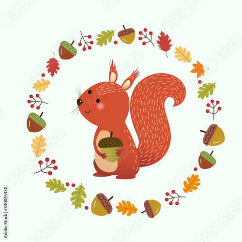 Vector illustration cartoon squirrel with wreath made of autumn leaves and berries. Hello autumn background.
