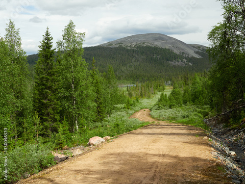 Scenic gravel road through the beautiful view of Finnish Lapland forest with a peak of the fell on the background in Ylläs hiking area in Finland.