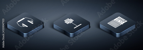 Set Isometric Headphones, Music tape player and Music stand icon. Vector