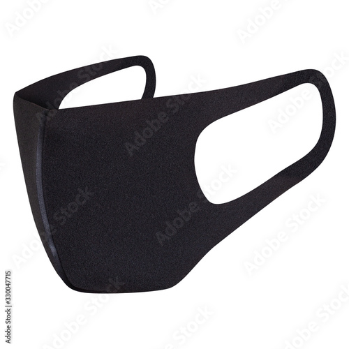 Reusable coil filtered face mask, safety breathing, dust protection, ear-loop mask to cover the mouth and nose. Trendy hospital, pollution protect face masking isolated on white, in black color