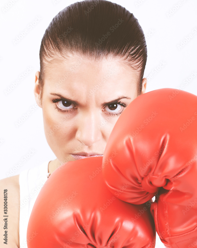 fitness woman with red boxing glove fitness woman with red boxing glove