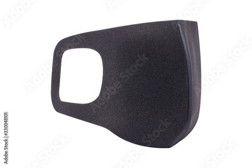Reusable coil filtered face mask, safety breathing, dust protection, ear-loop mask to cover the mouth and nose. Trendy hospital, pollution protect face masking isolated on white, in black color