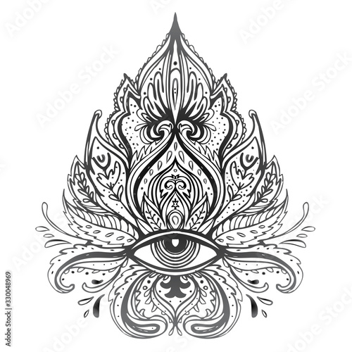 Lotus, Eye, Sacred Geometry. Ayurveda symbol of harmony and balance, and universe. Tattoo flesh design, yoga logo. Boho print, poster, t-shirt textile. Anti stress book. Isolated vector illustration.