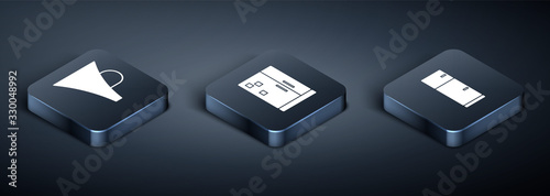 Set Isometric Funnel or filter, Refrigerator and Refrigerator icon. Vector