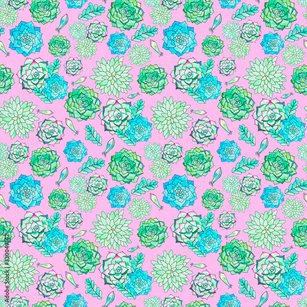 Seamless pattern of watercolor succulents outlined with black marker on a light pink background Seamless pattern of watercolor succulents outlined with black marker on a light pink background