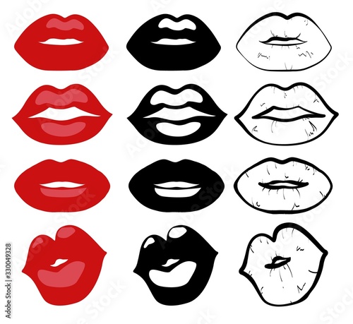 Set of female lips. Color, bw and silhouettes lips