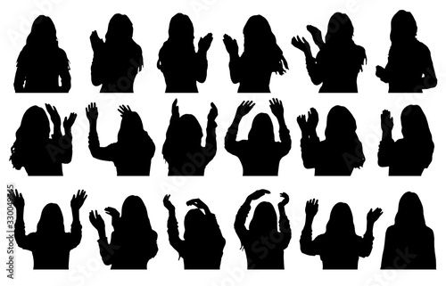 Set of silhouettes of girl clapping palms, welcome, waving hands. Vector illustration.