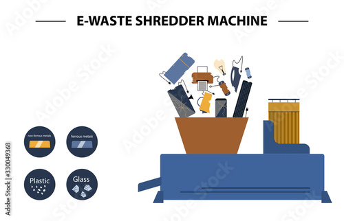 The concept of processing electronic waste by means of shredding machine and further extraction of secondary resources. Waste sorting and recycling. Flat design style colorful illustration.