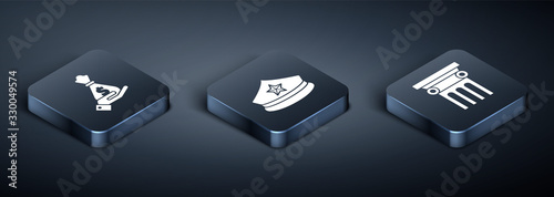 Set Isometric Hand holding money bag, Law pillar and Police cap with cockade icon. Vector