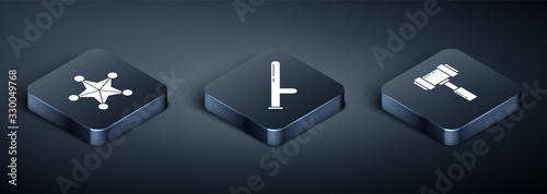 Set Isometric Hexagram sheriff, Judge gavel and Police rubber baton icon. Vector
