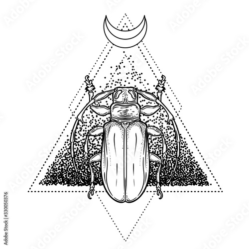 Black and white beetle over sacred geometry, isolated vector illustration. Tattoo sketch. Mystical symbols and insects. Alchemy, religion, occultism, spirituality, coloring book. Hand-drawn vintage.