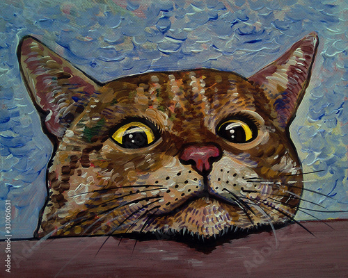 Art painting  oil  color Smiling cute cat from Thailand