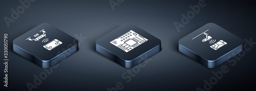 Set Isometric Remote aerial drone, Wireless Controlling CCTV security camera and Printed circuit board PCB icon. Vector