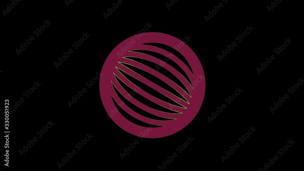 Colored object composed of a circle with internal lines, on a minimal black background, which rotates clockwise reducing the size from full screen to zero, then returns to full screen. Colored object composed of a circle with internal lines, on a minimal black background, which rotates clockwise reducing the size from full screen to zero, then returns to full screen.
