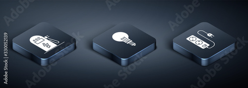 Set Isometric Electric car charging station, Electric extension cord and Light bulb with concept of idea icon. Vector