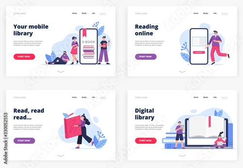 Set of illustrations on e-books and reading themes. Boys and girls study online, read paper or electronic books on their devices. Flat Vector good for libraries, apps, landing pages, stores, schools.