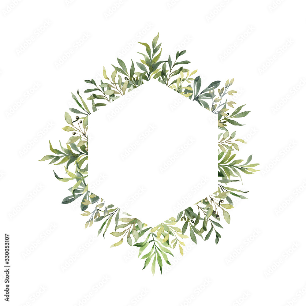 Beautiful watercolor frame with fresh greenery. Leaves, branches, berries, eucalyptus. Hand painted illustration. perfect for invitation cards, spring decor, wedding invitation, menu, cards, greeting Beautiful watercolor frame with fresh greenery. Leaves, branches, berries, eucalyptus. Hand painted illustration. perfect for invitation cards, spring decor, wedding invitation, menu, cards, greeting