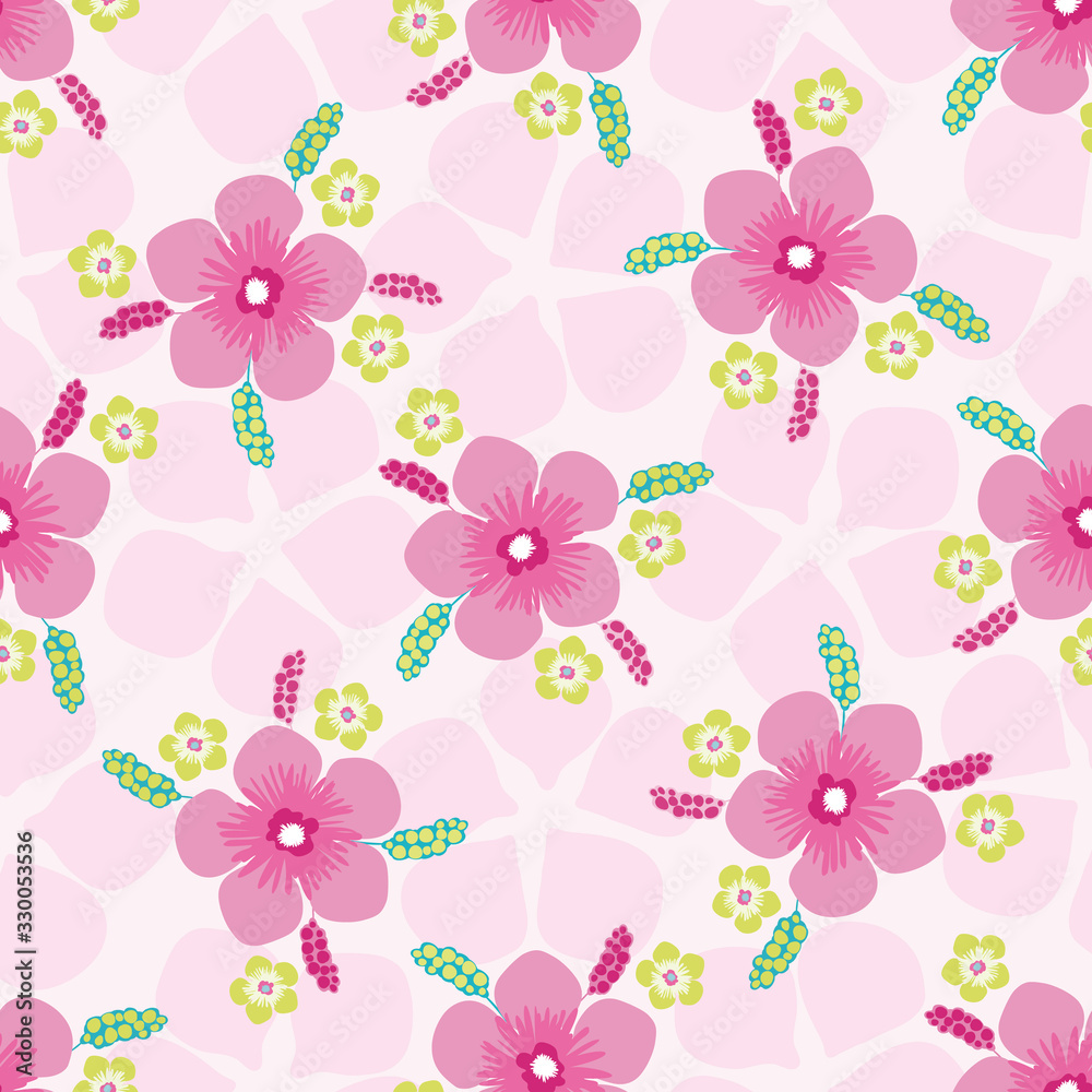 Tropical flower seamless vector pattern background. Hand drawn blooms exotic backdrop. Modern florals with pink silhouettes. Hot summer all over print for tropic vacation or wedding resort concept.
