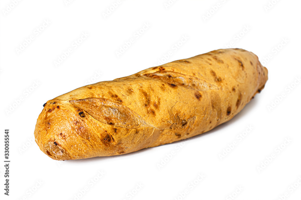 Rustic mini baguette with Golden crust and onions on a white background Rustic mini baguette with Golden crust and onions on a white background