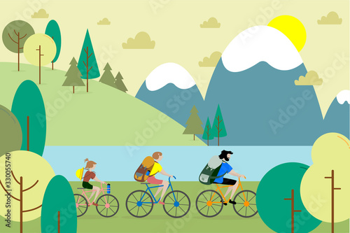 Family with backpacks on bicycles in nature. Family trip, travel, vacation. nature Weekend. Healthy lifestyle. Active holidays in mountains with family