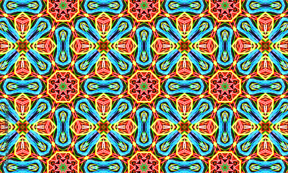 Geometric kaleidoscope multicolored seamless pattern. Abstract background. Beautiful multicolor kaleidoscope texture. Unique kaleidoscope design. Illustration for design.