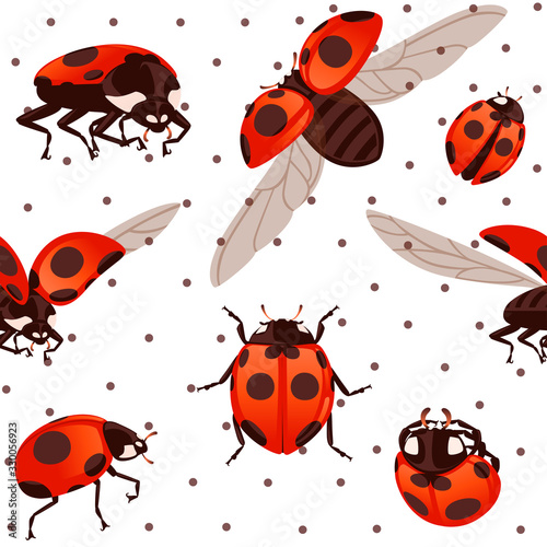 Seamless pattern ladybug with open shell and wings flying beetle cartoon bug design flat vector illustration on white dotted background