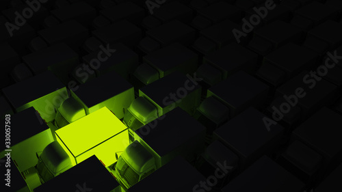 High Angle View of Cargo Truck Glowing Green in the Dark 3D Rendering