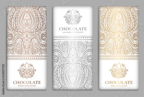Silver and gold vintage set of chocolate bar packaging design. Vector luxury template with ornament elements. Can be used for background and wallpaper. Great for food and drink package types.