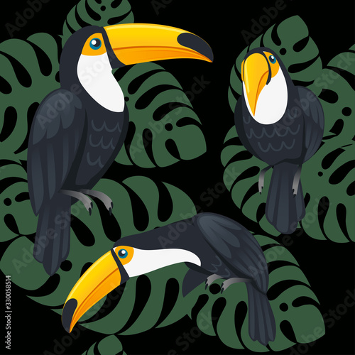 Seamless pattern of mature brazilian toucan bird cartoon animal design flat vector illustration on dark background with green leaves