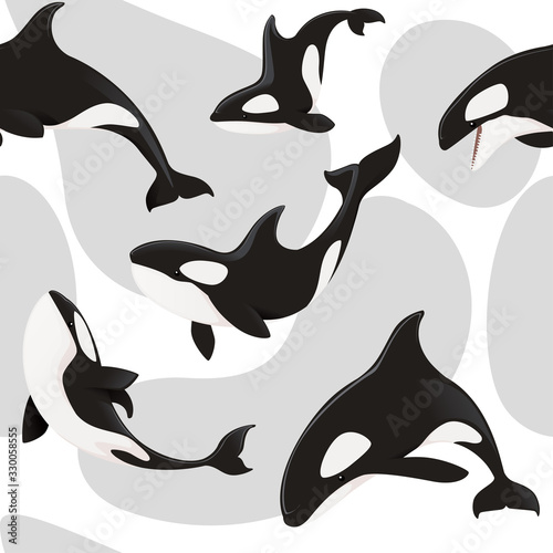 Seamless pattern of killer whale orca cartoon animal design flat vector illustration on white background