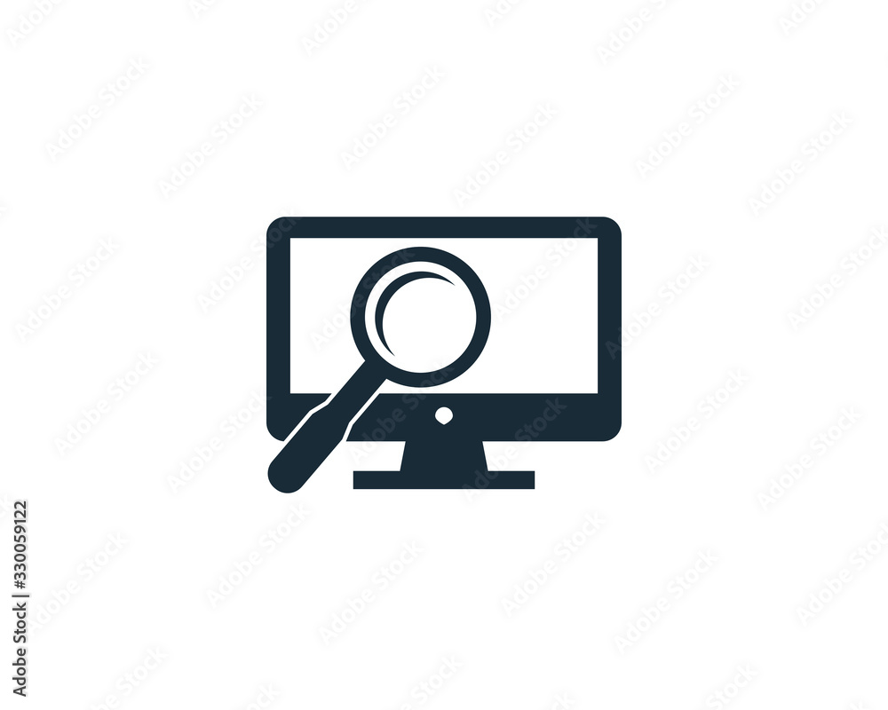Screen, Monitor and Magnifying Glass Icon Vector Logo Template Illustration Design