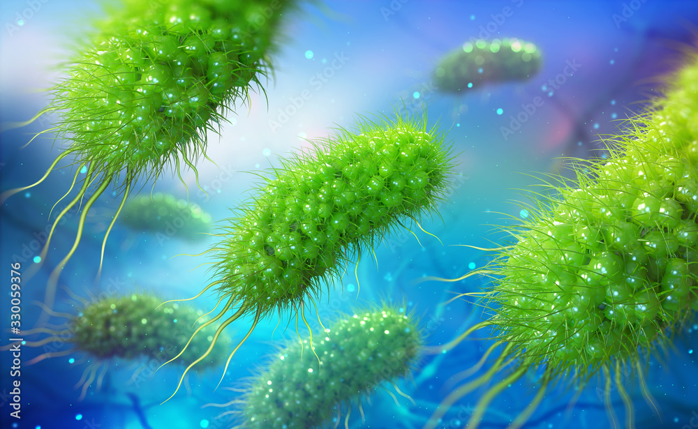 Escherichia coli, colony of bacteria 3D illustration. Microorganisms in aquatic environment under microscope. Probiotics. Intestinal bacteria, Gut flora - obrazy, fototapety, plakaty 