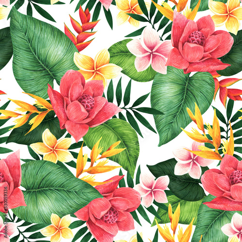 Seamless floral pattern of tropical flowers and leaves. Botanical wallpaper illustration in Hawaiian style 