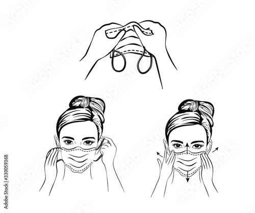 How to wear a mask correct.Women presenting the correct method of wearing a mask,To reduce the spread of germs, viruses and bacteria.vector illustration