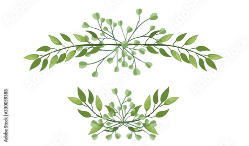 Frame top and bottom hand drawn green tree branches with leaves botanical flowers floral hand drawn scandinavian style art design element flat vector illustration