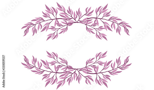 Frame top and bottom hand drawn purple tree branches with leaves botanical flowers floral hand drawn scandinavian style art design element flat vector illustration