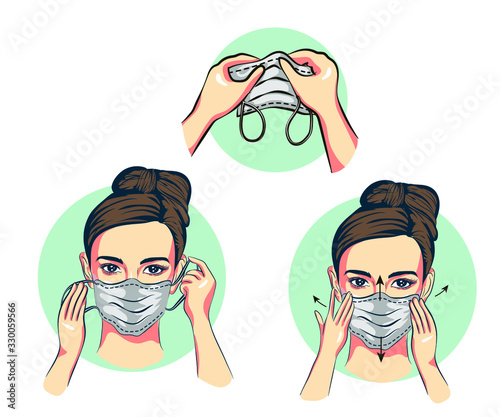 How to wear a mask correct.Women presenting the correct method of wearing a mask,To reduce the spread of germs, viruses and bacteria.vector illustration