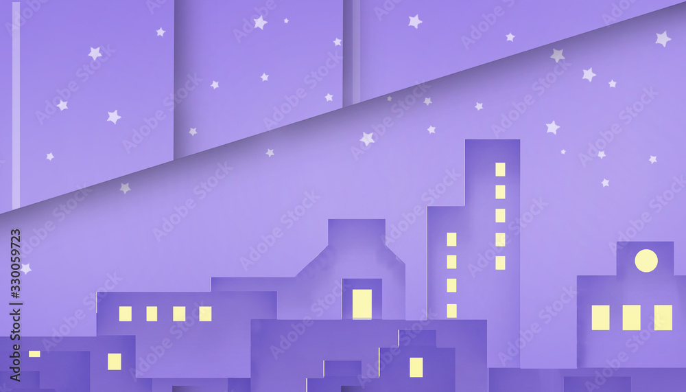 Paper art Origami Cityscape Futuristic night city with bright and glowing neon and Yellow lights on purple in Star Background.minimal and retro  style illustration - 3d rendering